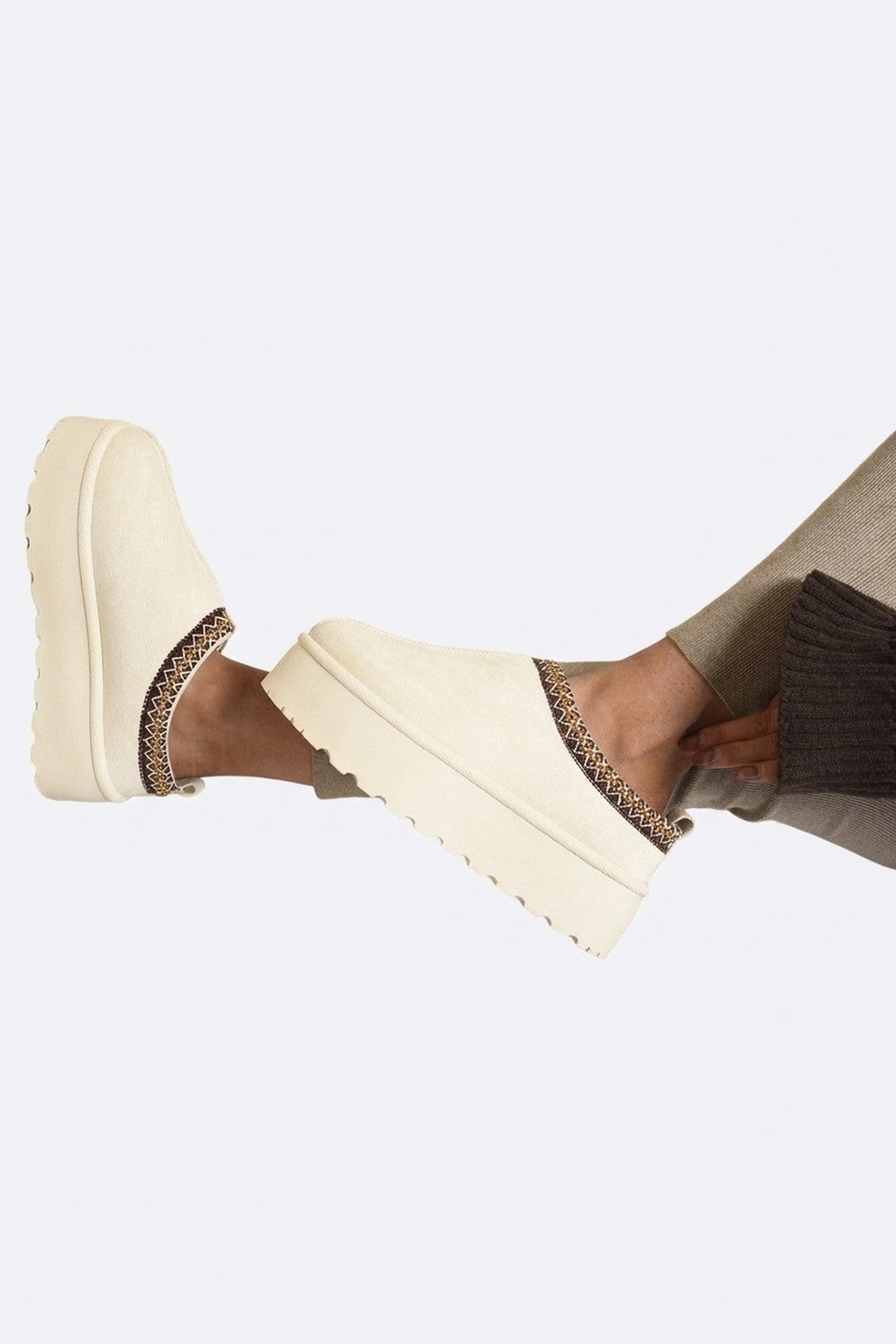 Jolene Aztec Detail Low Ankle Platform Slipper Boots - Cream