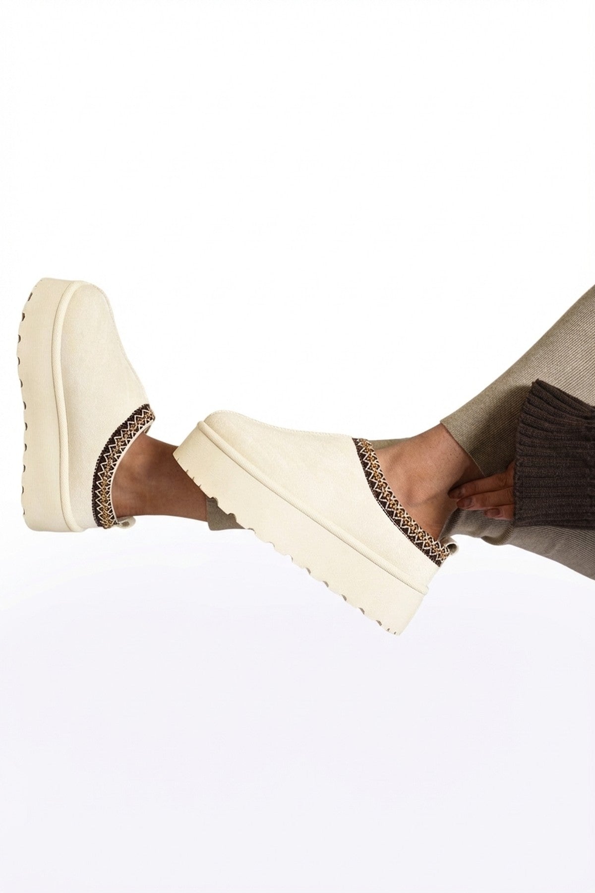 Jolene Aztec Detail Low Ankle Platform Slipper Boots - Cream