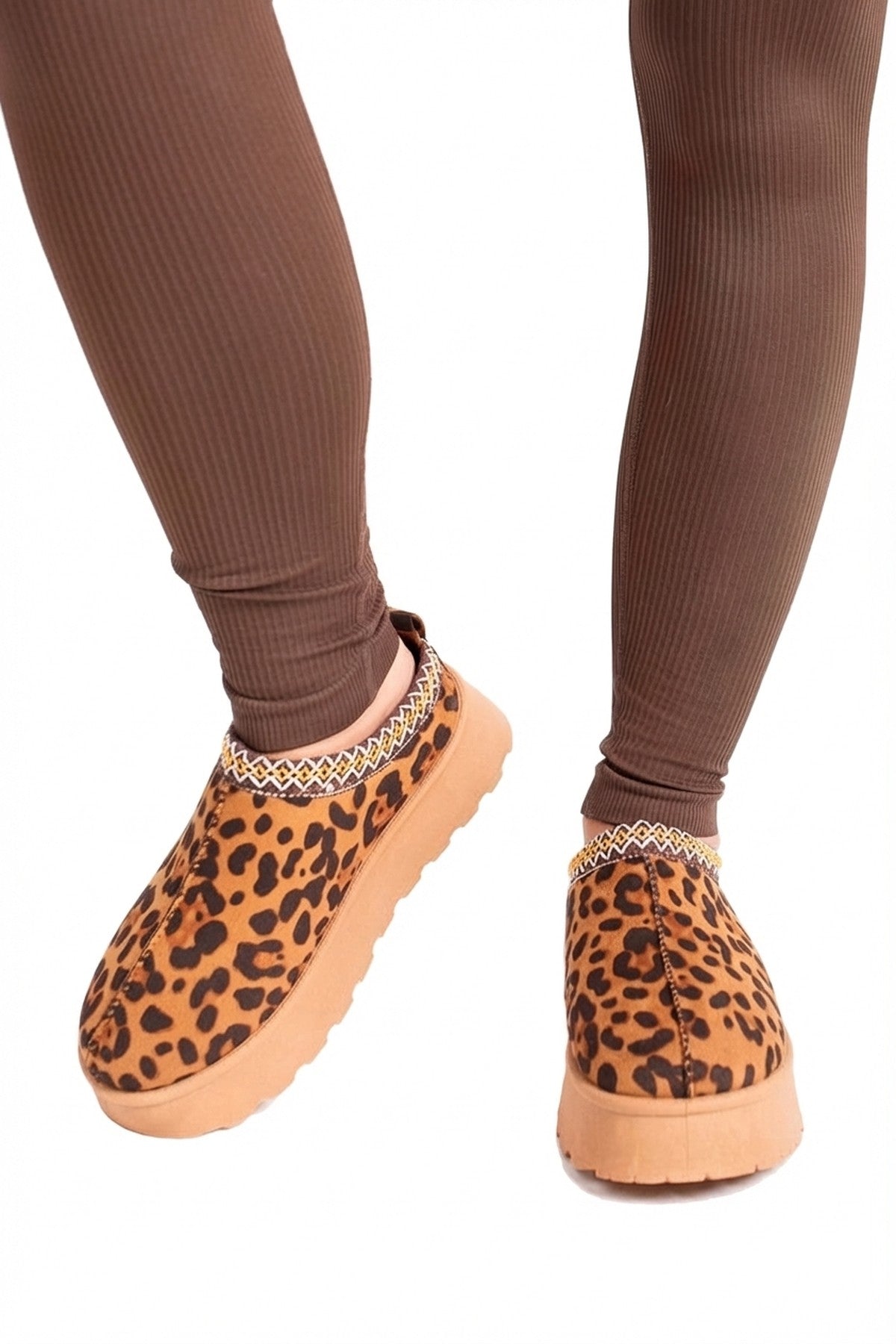 Jolene Aztec Detail Low Ankle Platform Slipper Boots - Leopard