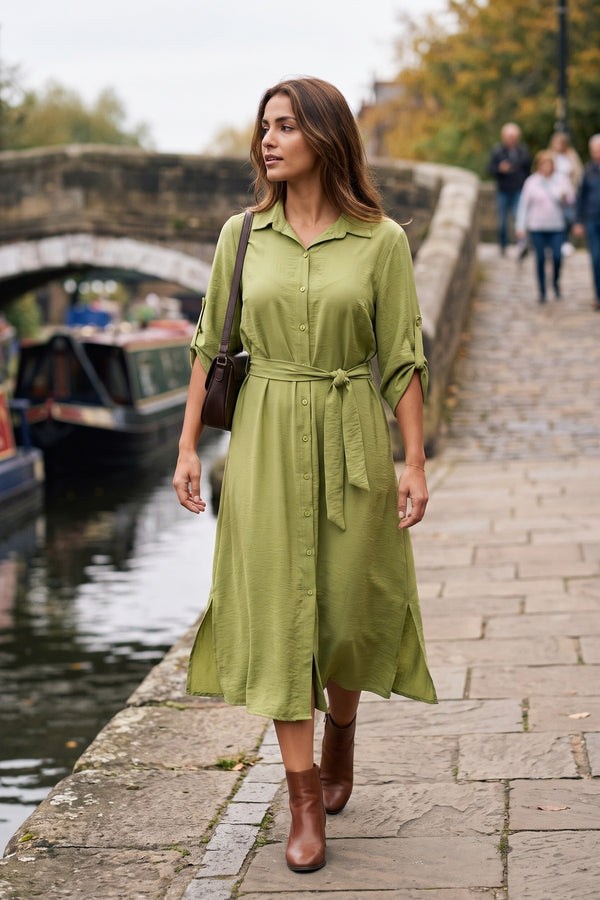 Priscilla Belted Button Down Roll Tab Sleeve Midi Dress - Avocado