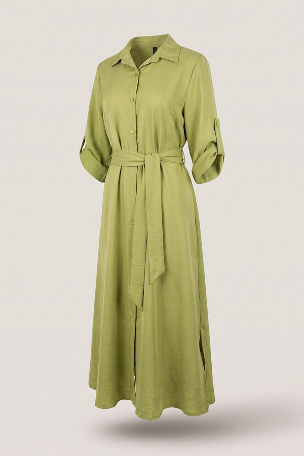 Priscilla Belted Button Down Roll Tab Sleeve Midi Dress - Avocado