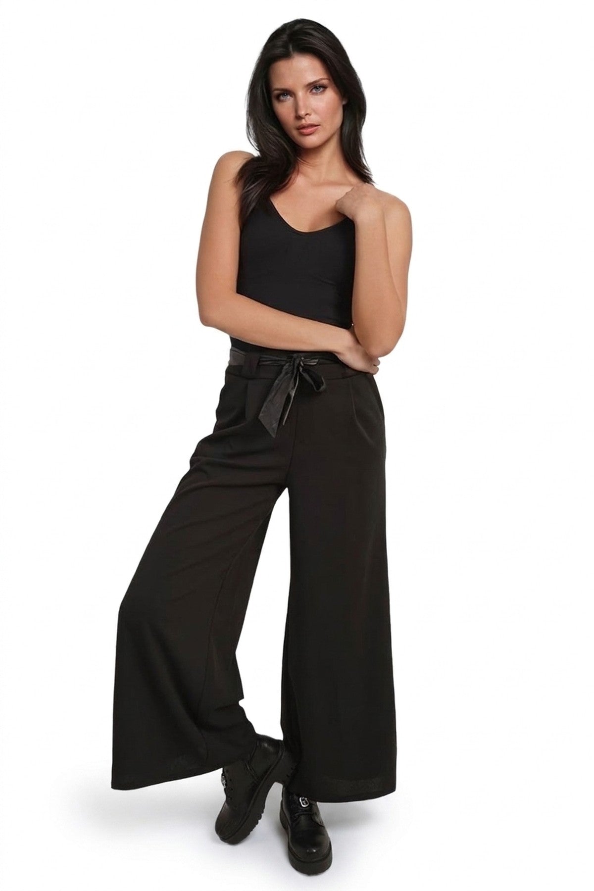 Mariana Belted High Waist Wide Leg Trouser - Black_wb