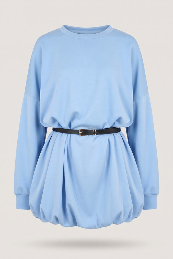 Nadia Belted Long Sleeve Mini Balloon Dress - Sky Blue