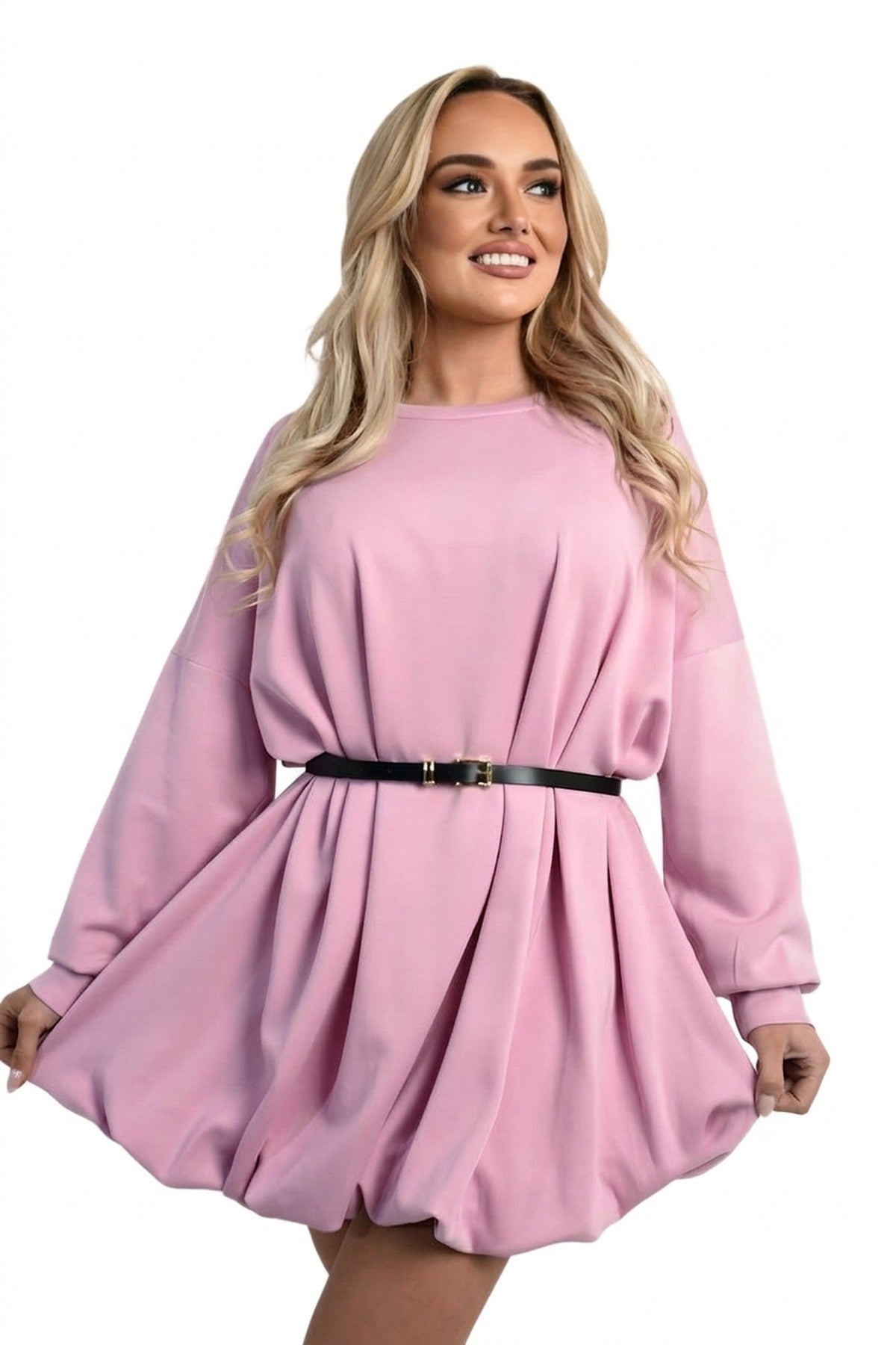 Nadia Belted Long Sleeve Mini Balloon Dress - Pink
