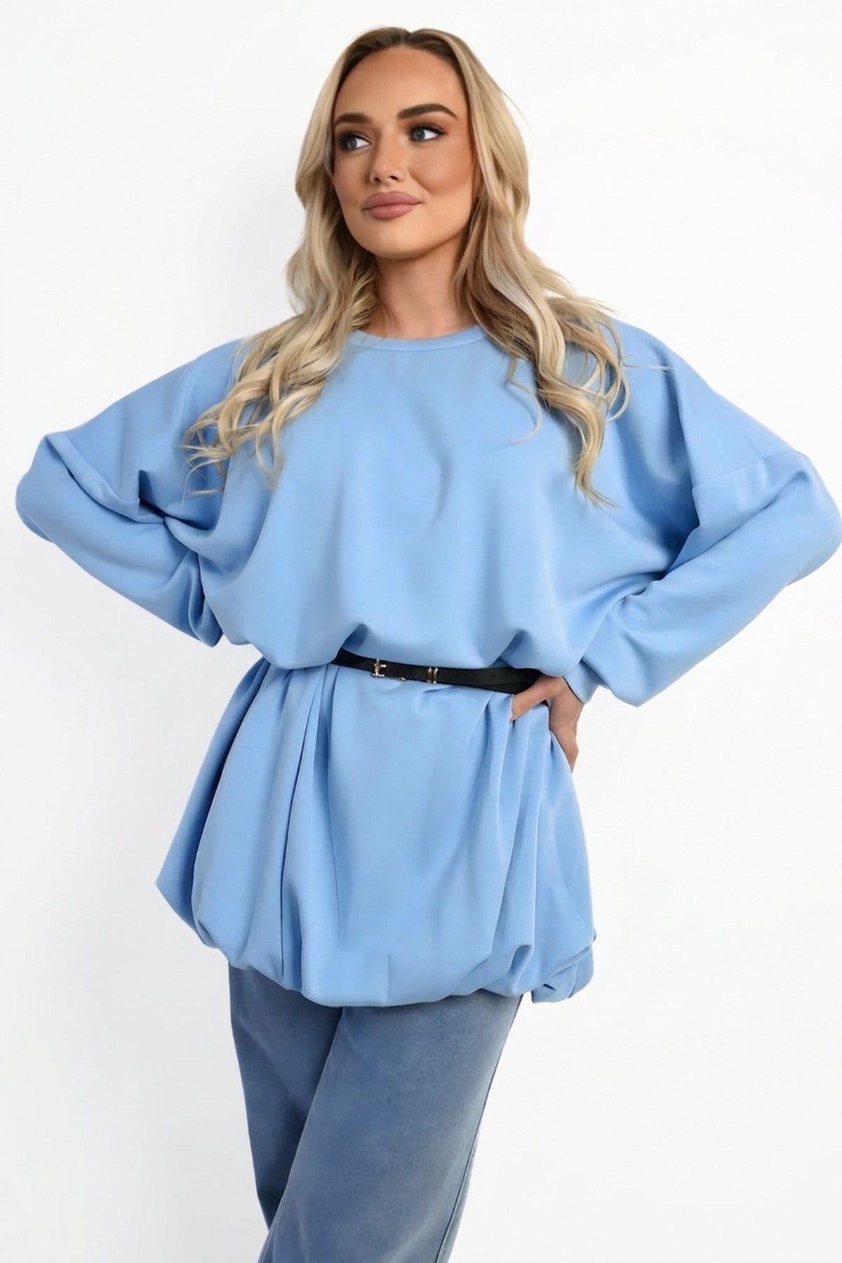 Nadia Belted Long Sleeve Mini Balloon Dress - Sky Blue
