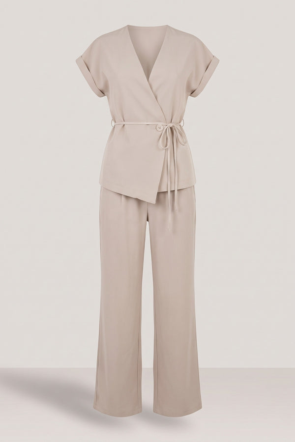 Vera Belted Sleeveless Vest Top And Trouser Co-ord Set - Beige