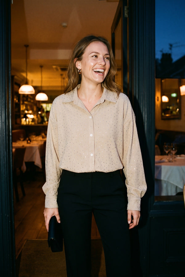 Nina Button Down Embellished Long Sleeve Top - Beige