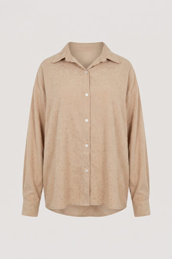 Nina Button Down Embellished Long Sleeve Top - Beige
