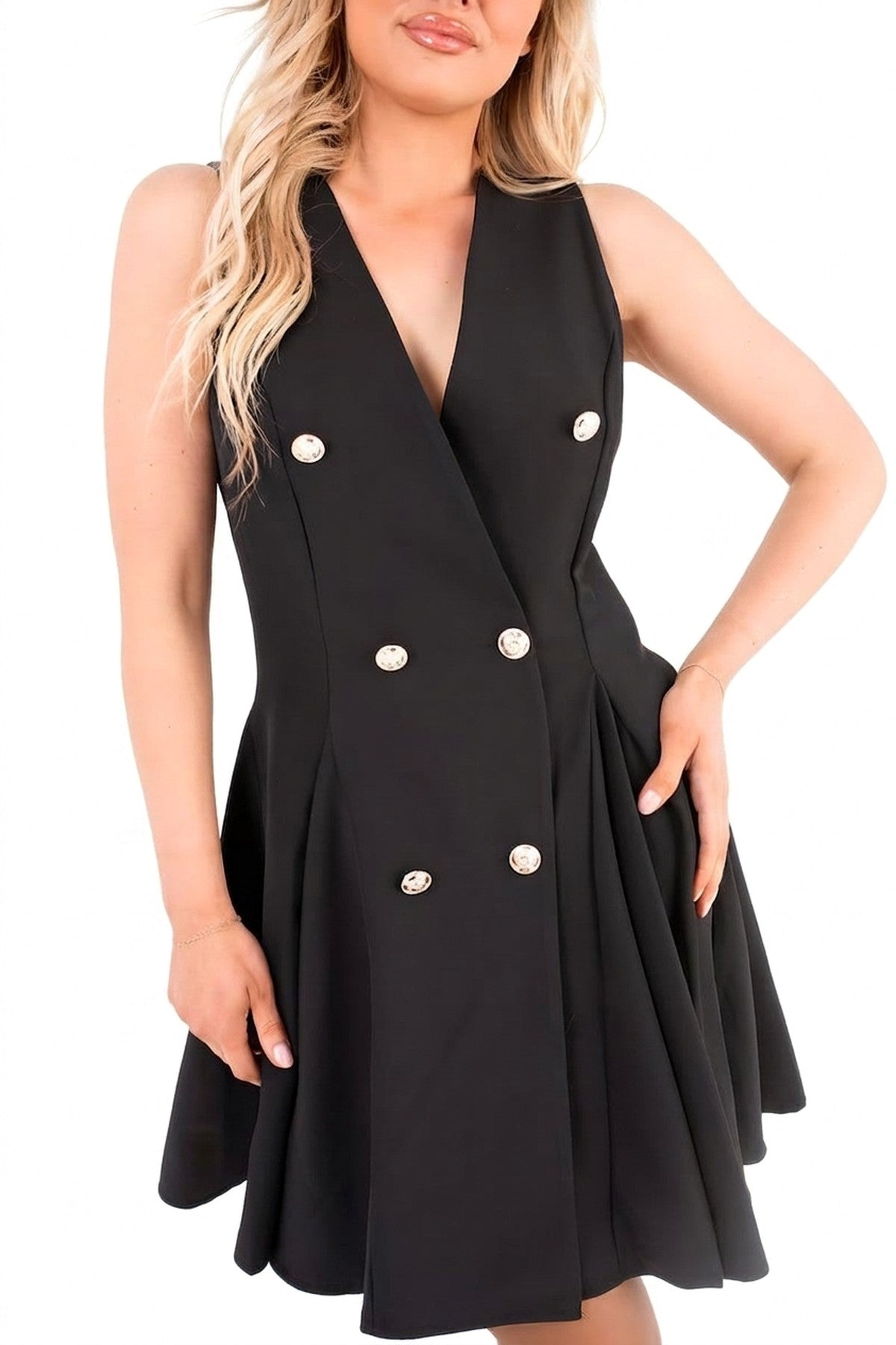 Elisse Button Front Detail Mini Dress - Black_wb