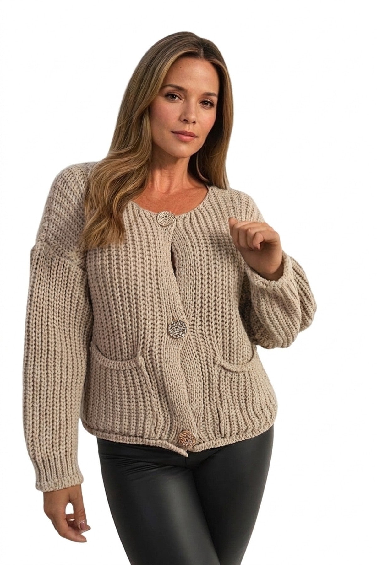 Melissa Chunky Cable Button Knit Cardigan - Beige_wb