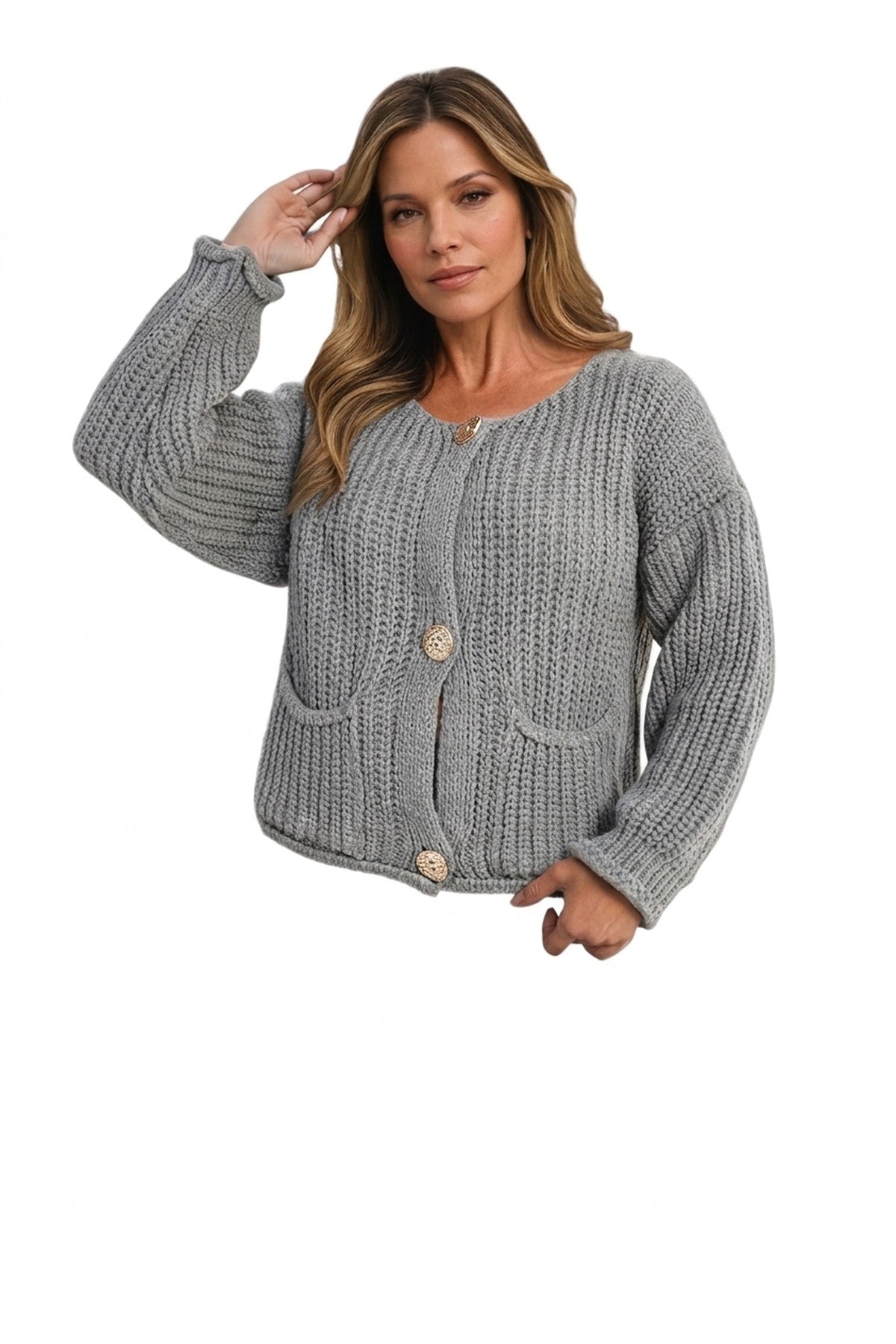 Melissa Chunky Cable Button Knit Cardigan - Grey_wb