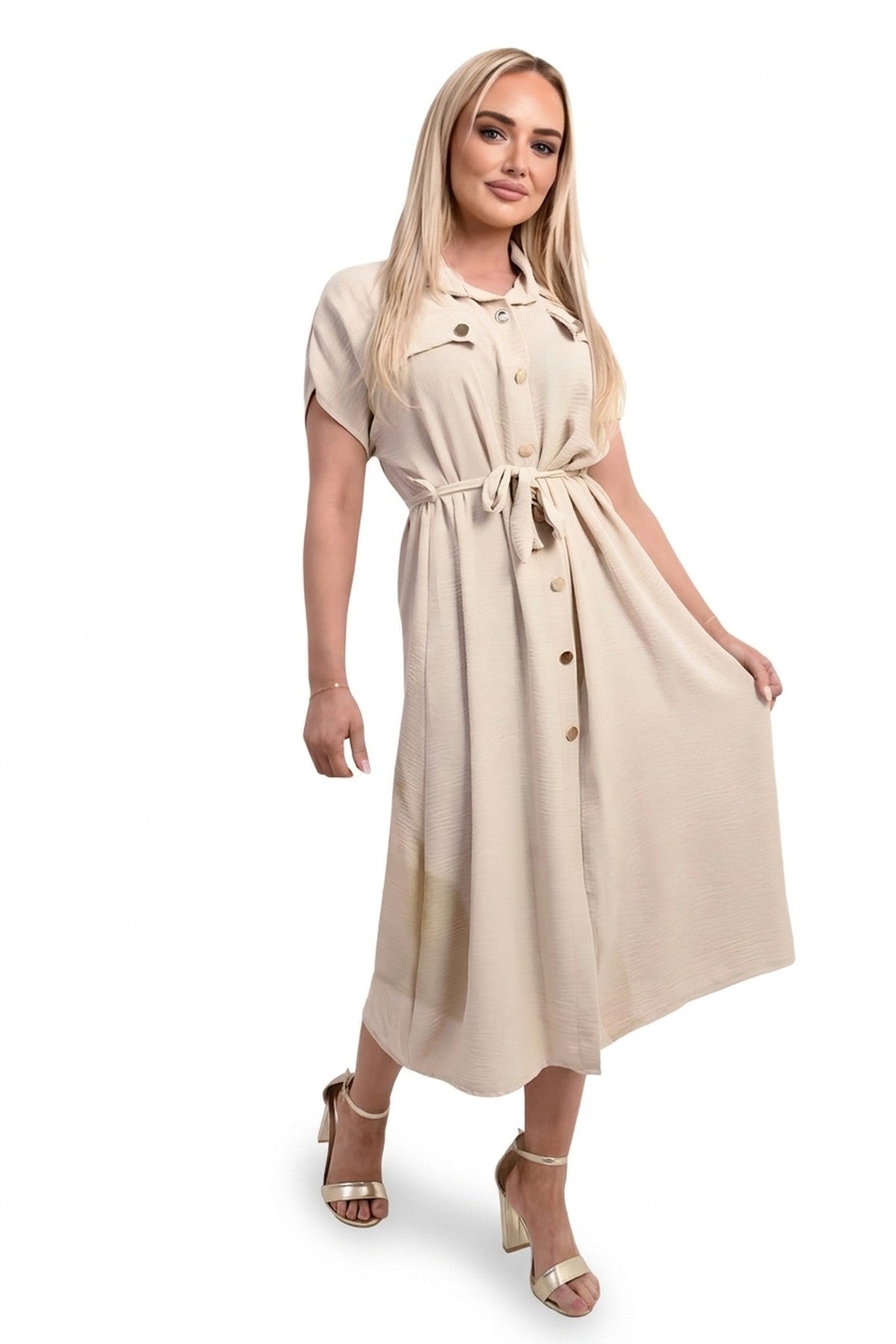 Annie Collared Button Down Short Sleeve Tie Waist Midi Dress - Beige