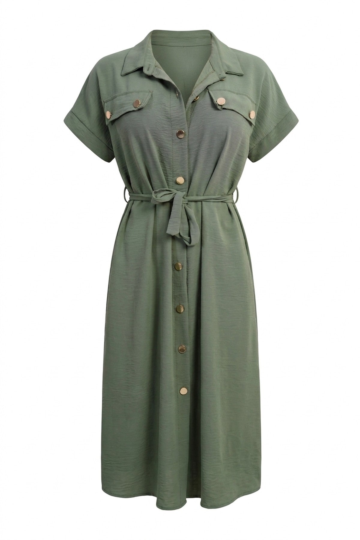 Annie Collared Button Down Short Sleeve Tie Waist Midi Dress - Khaki
