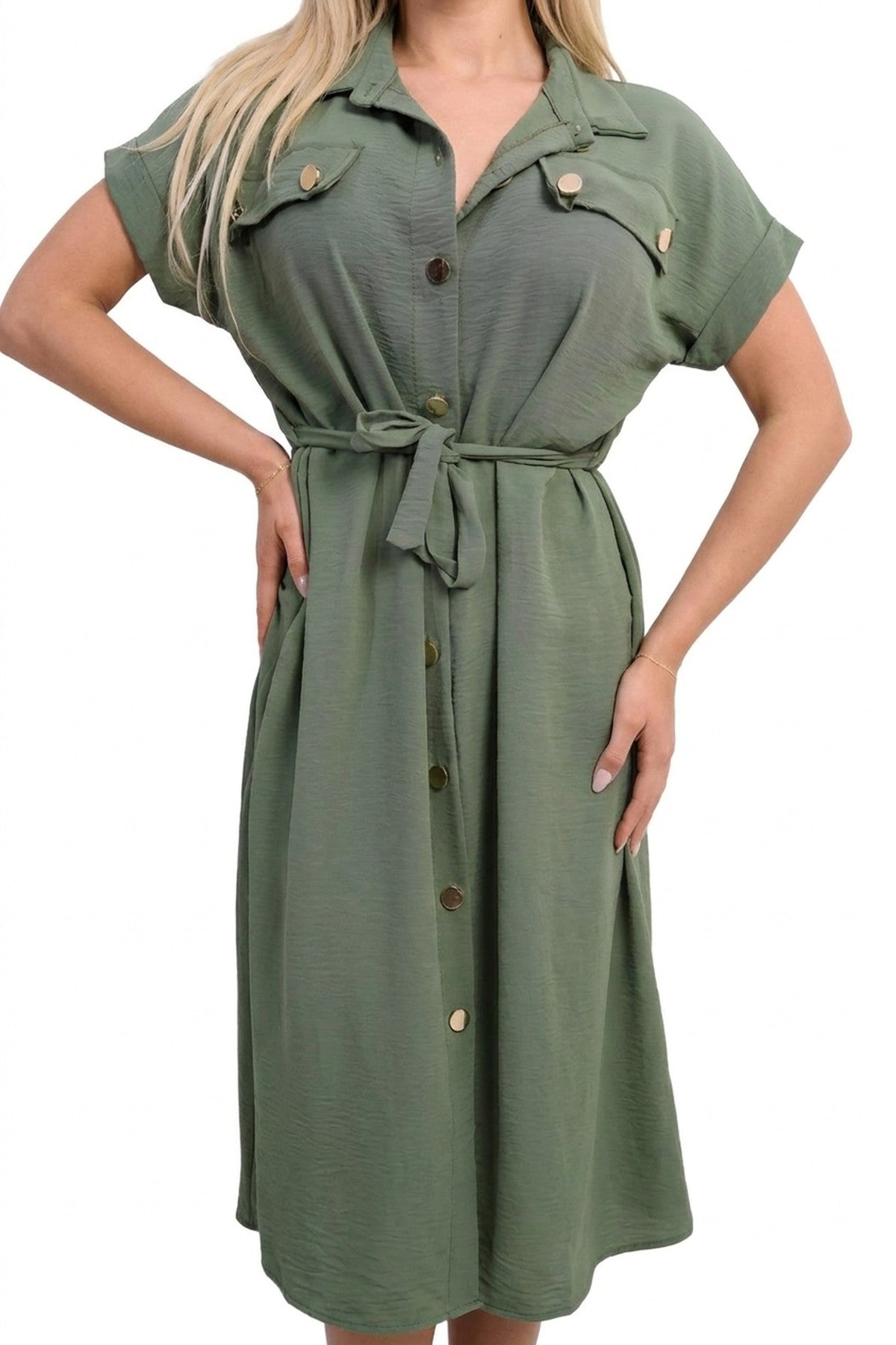 Annie Collared Button Down Short Sleeve Tie Waist Midi Dress - Khaki_wb