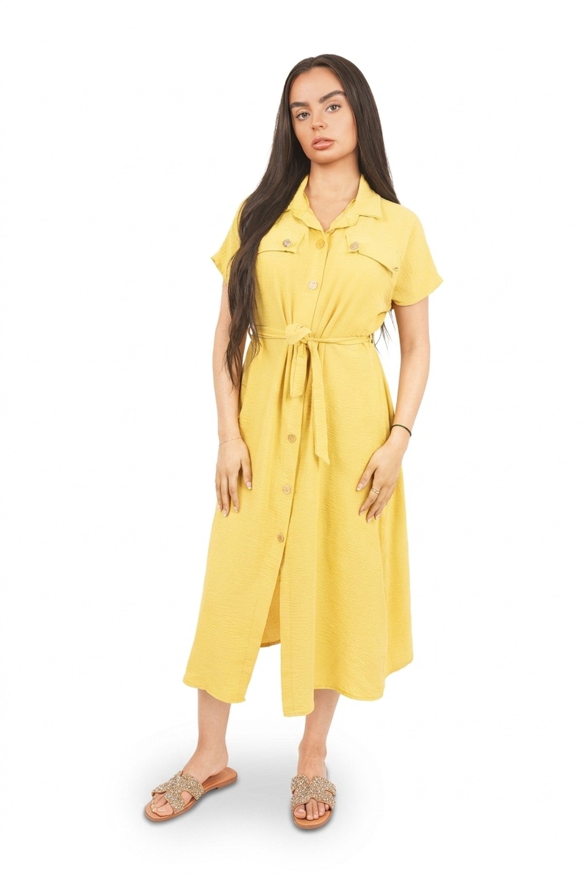 Annie Collared Button Down Short Sleeve Tie Waist Midi Dress - Yellow