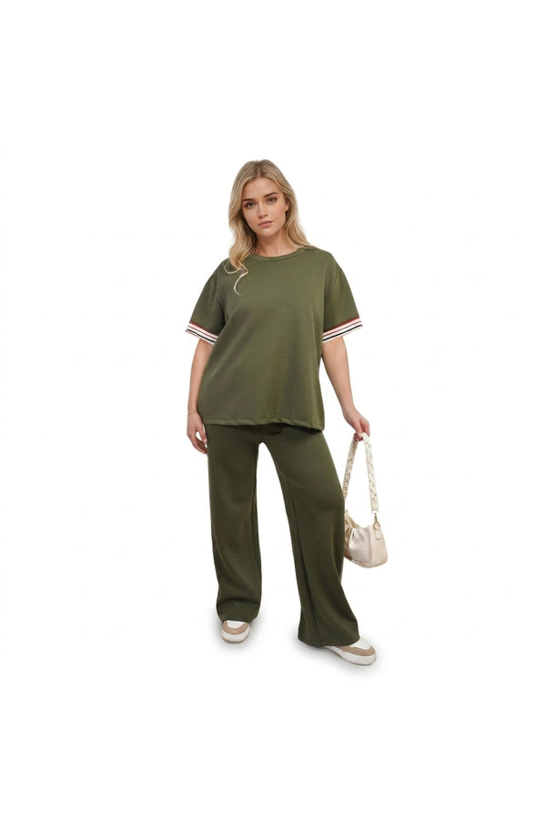 Jennifer Contrast Stripe Top And Wide Leg Trouser Co-ord Set - Khaki