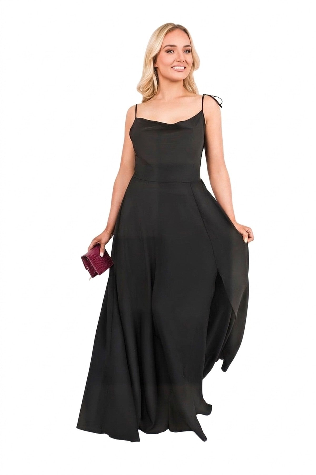 Adina Cowl Neck Tie Strap Maxi Dress With Thigh Split - Black