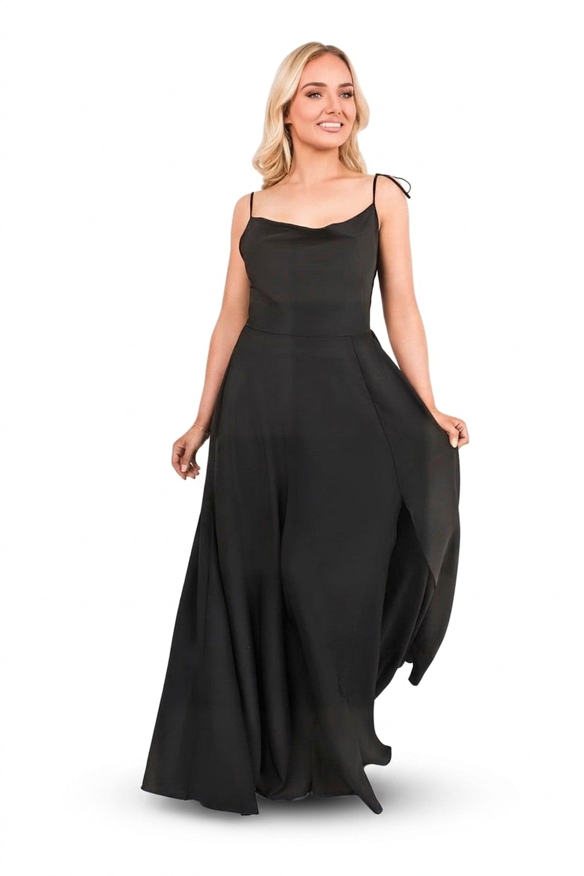 Adina Cowl Neck Tie Strap Maxi Dress With Thigh Split - Black_wb