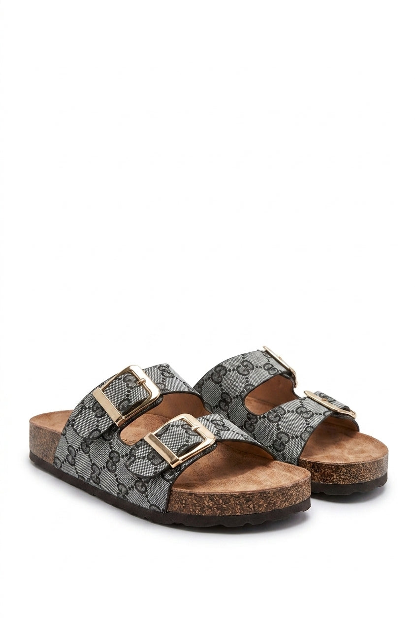 Erica Double Buckle Detail Slip On Sandals - Black