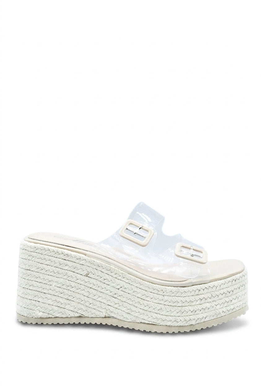 Edna Double Buckle Transparent Straps Slip On Wedge Heels - Beige