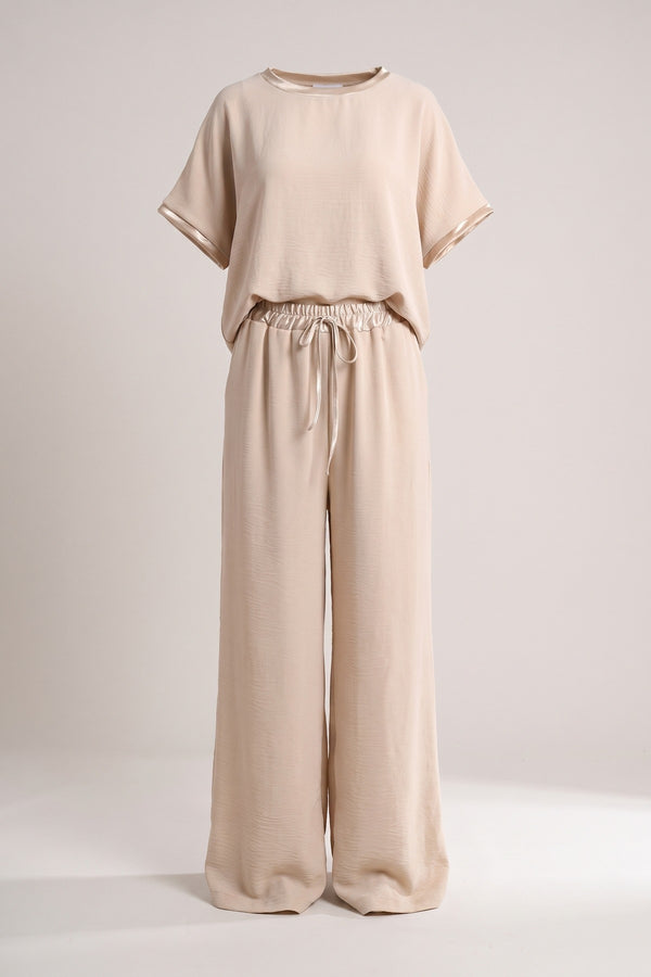 Marina Drawstring Shiny Waist Wide Leg Trouser - Beige