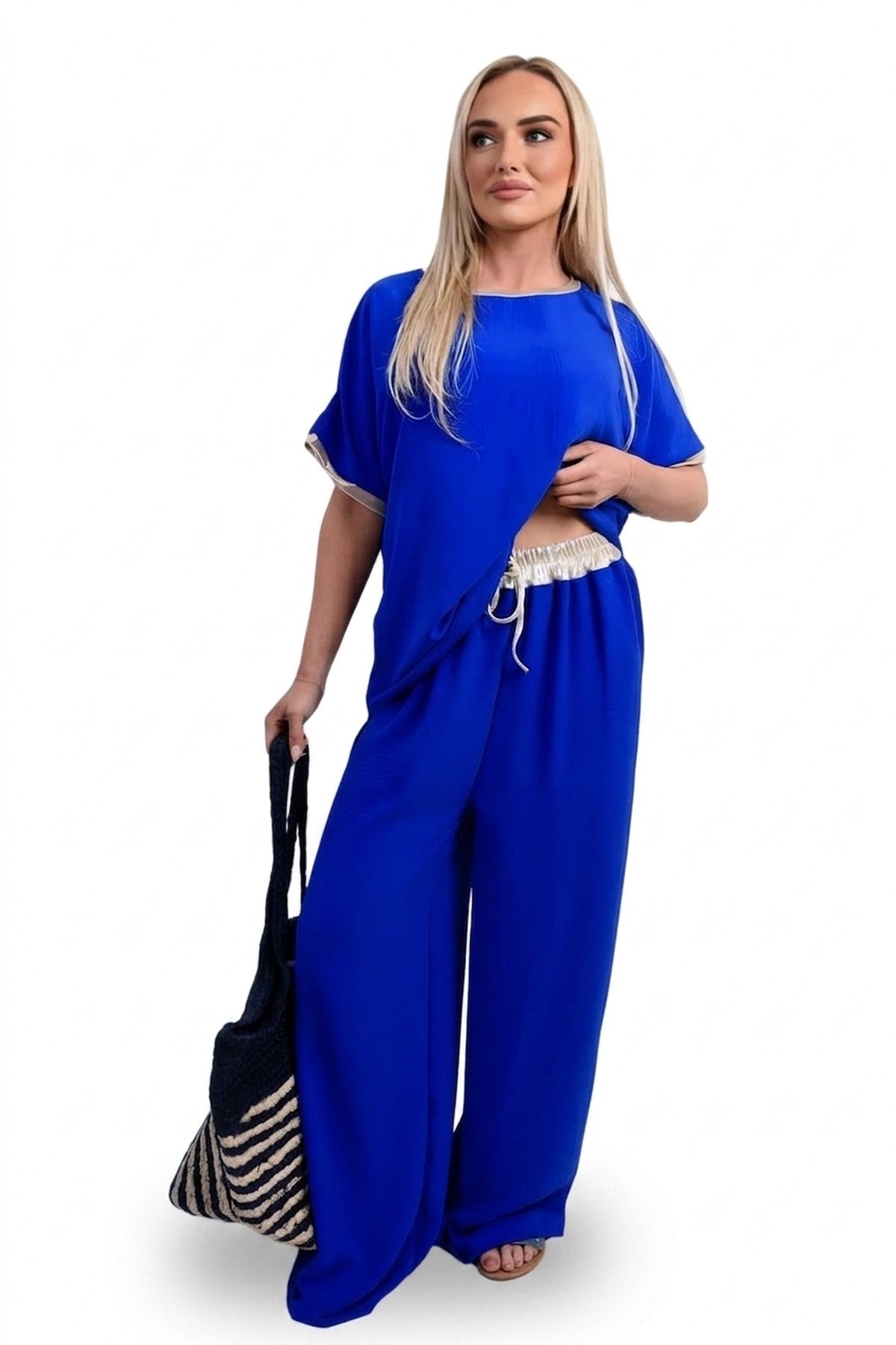 Marina Drawstring Shiny Waist Wide Leg Trouser - Royal_wb