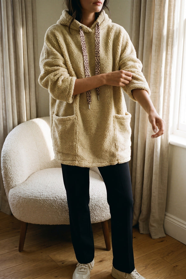 Melissa Drawstring Teddie Hoodie Jacket With Front Pockets - Beige