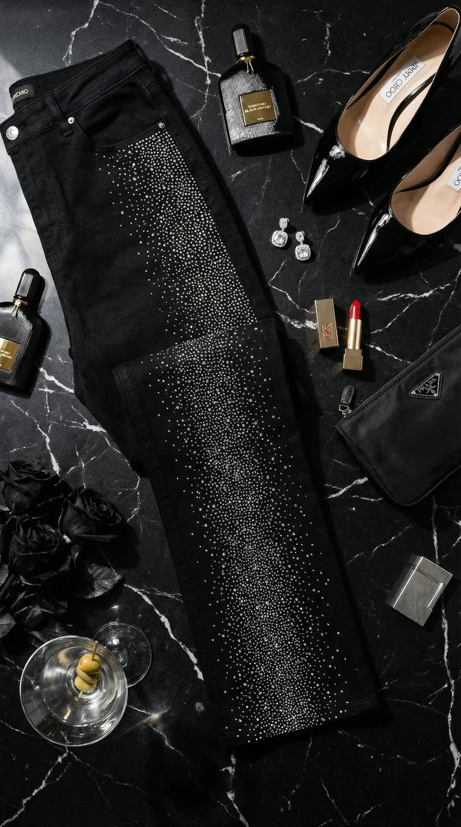 Elyndra High Waisted Sparkle Straight Leg Jeans - Black