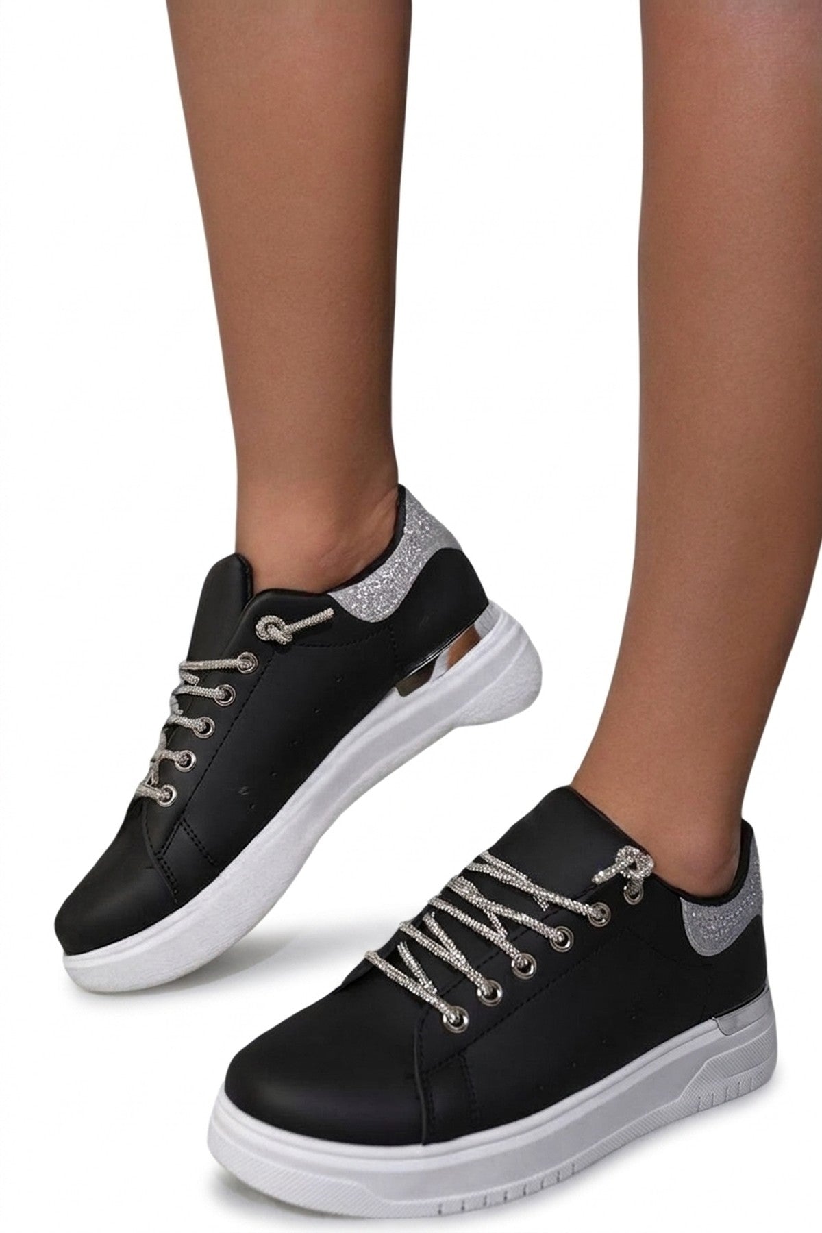 Callie Embellished Lace Platform Trainers - Black