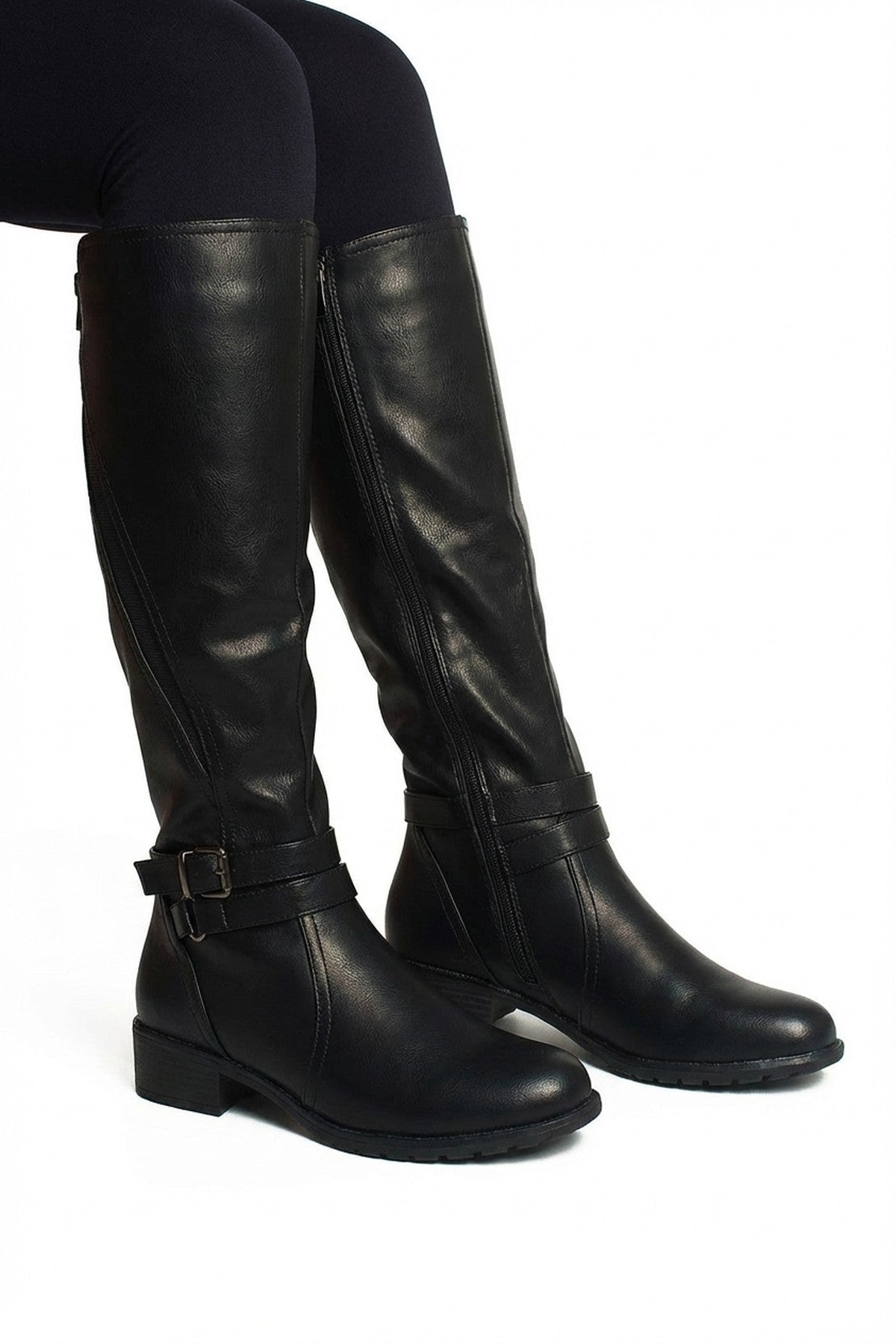 Nina Faux Leather Buckle Knee High Boots - Black