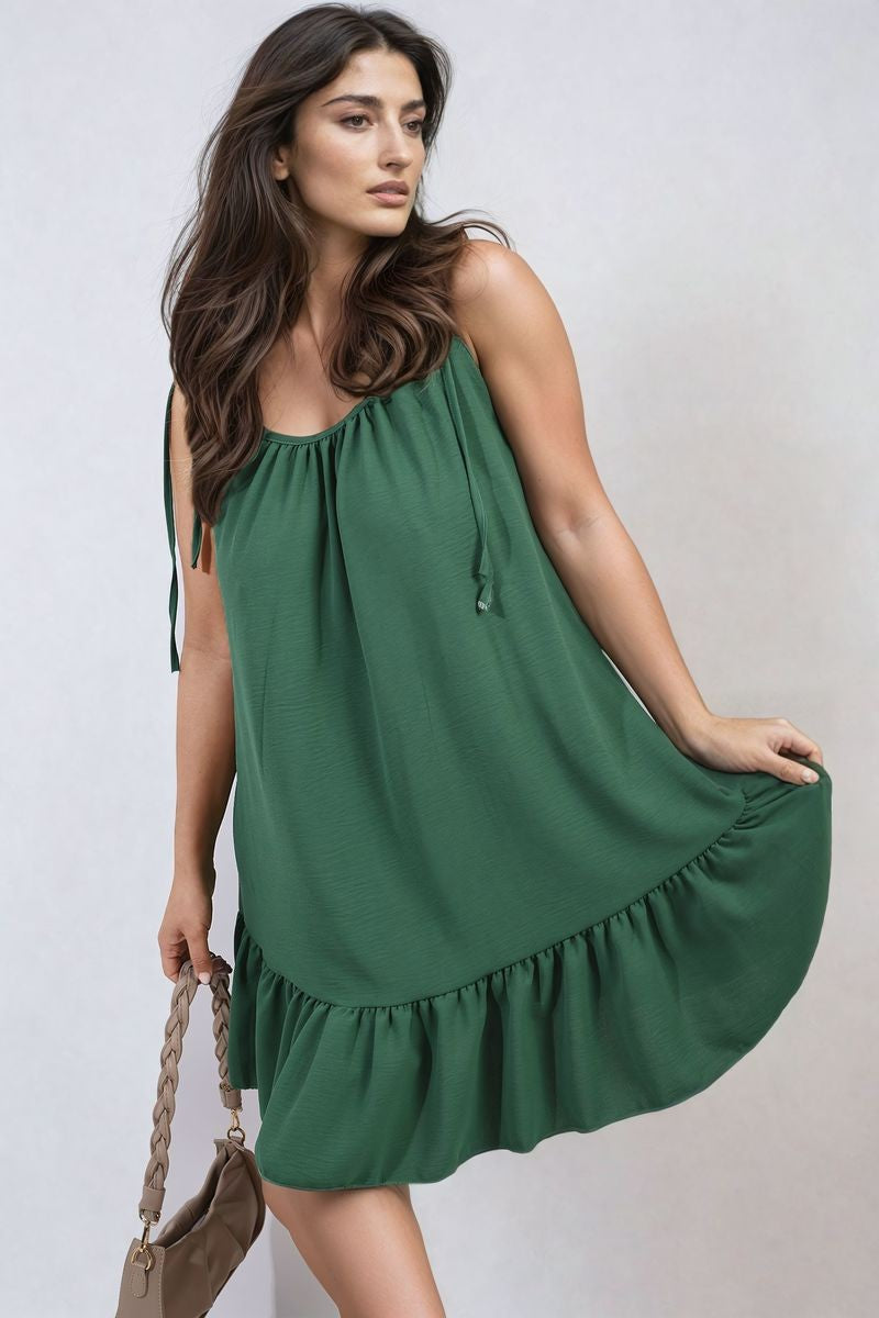 Faye Backless Tie-up Spaghetti Strap Frill Hem Mini Dress - Green
