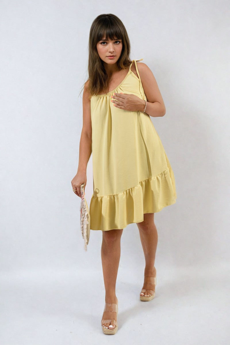Faye Backless Tie-up Spaghetti Strap Frill Hem Mini Dress - YELLOW