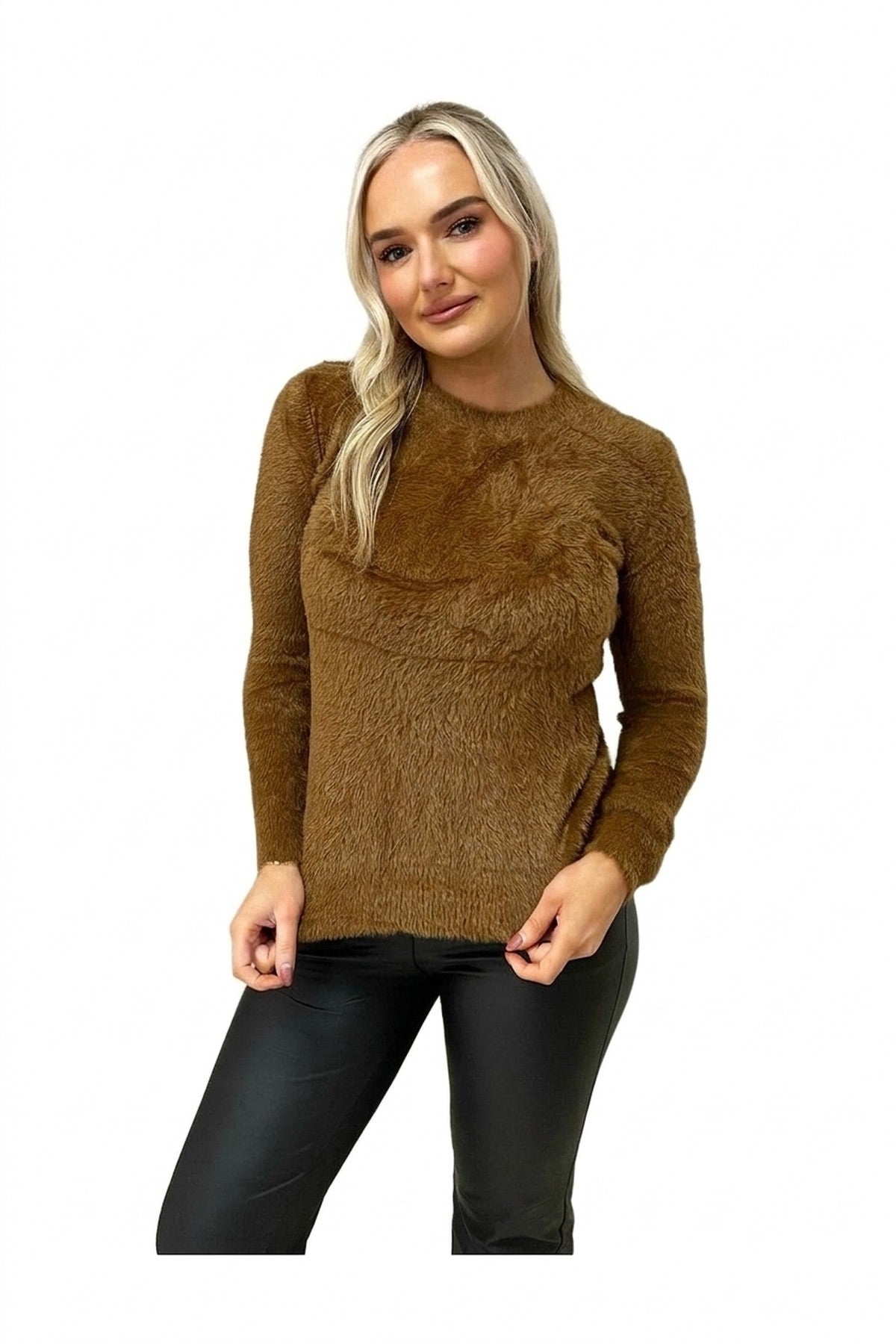 Stella Fitted Long Sleeve Fluffy Knitted Top - Camel_wb