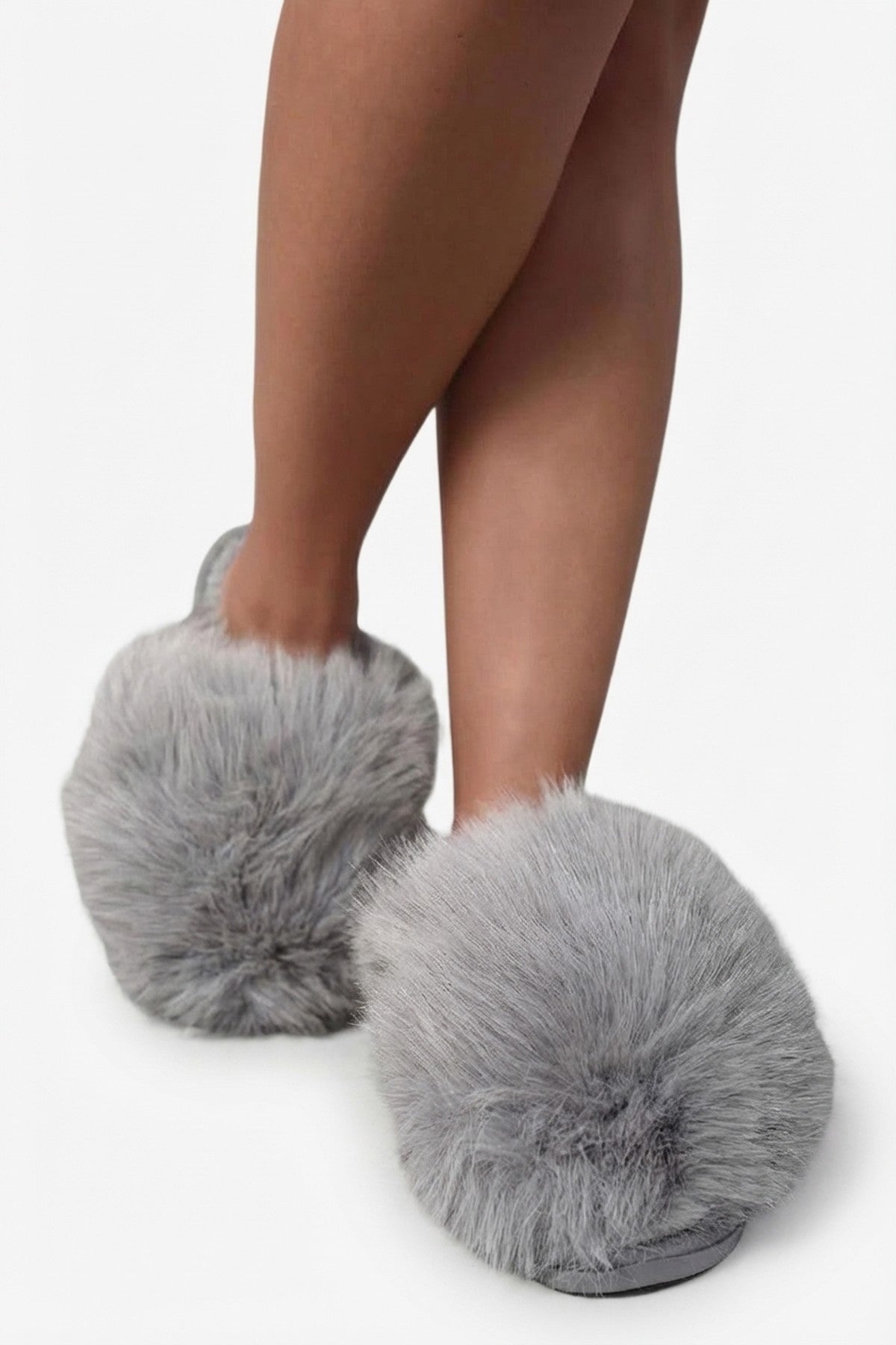 Nadia Fluffy Faux Fur Slippers - Grey