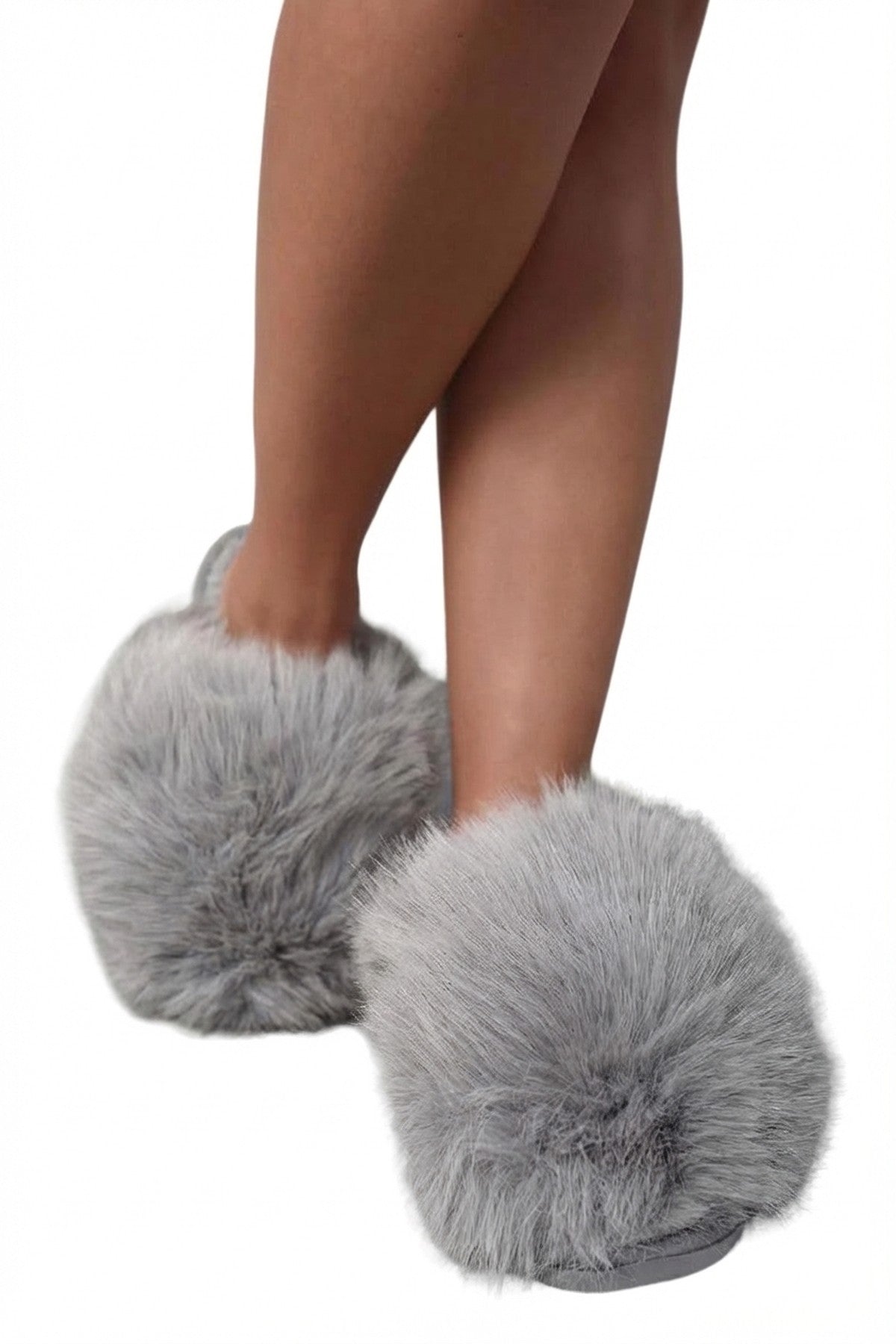 Nadia Fluffy Faux Fur Slippers - Grey