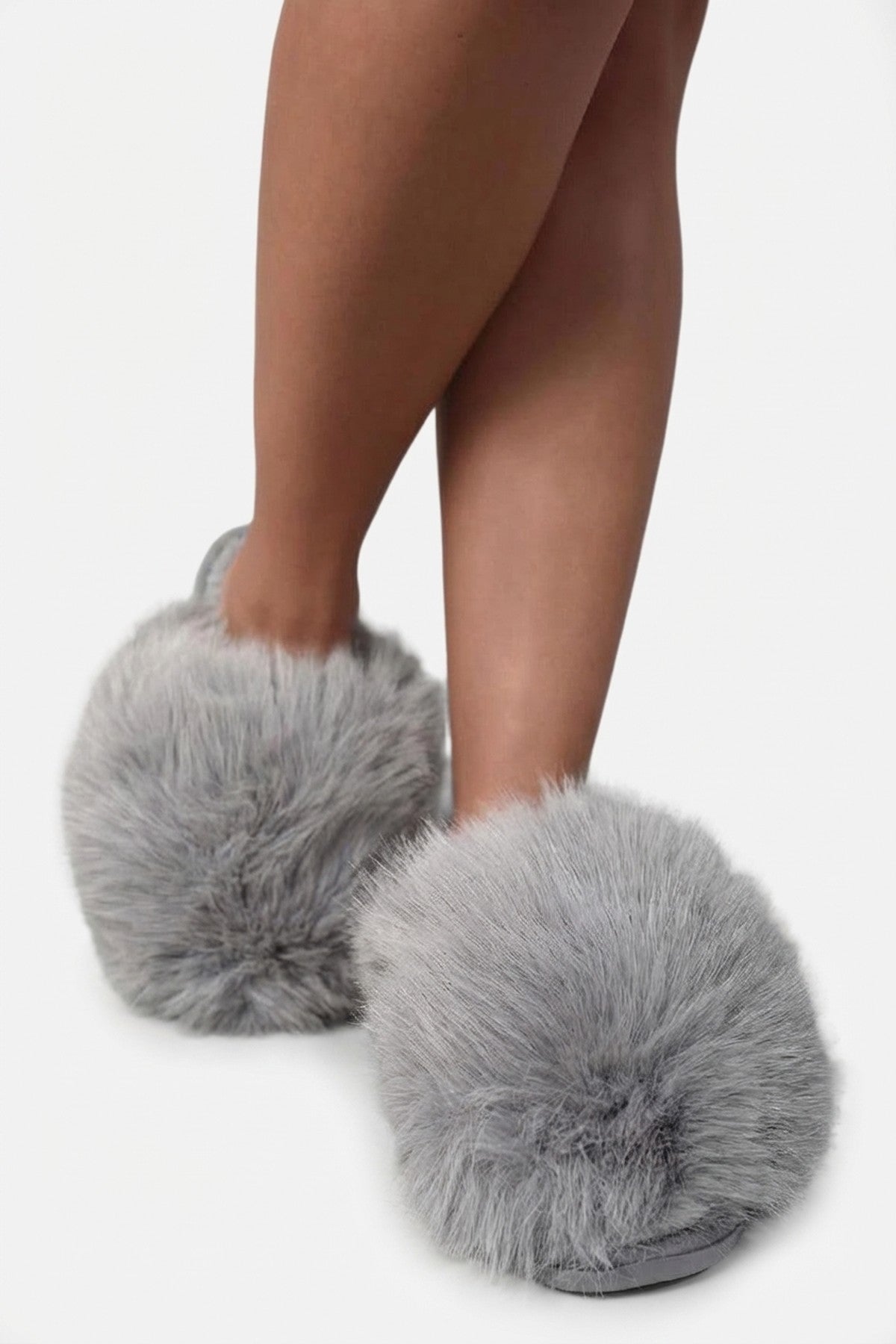 Nadia Fluffy Faux Fur Slippers - Grey