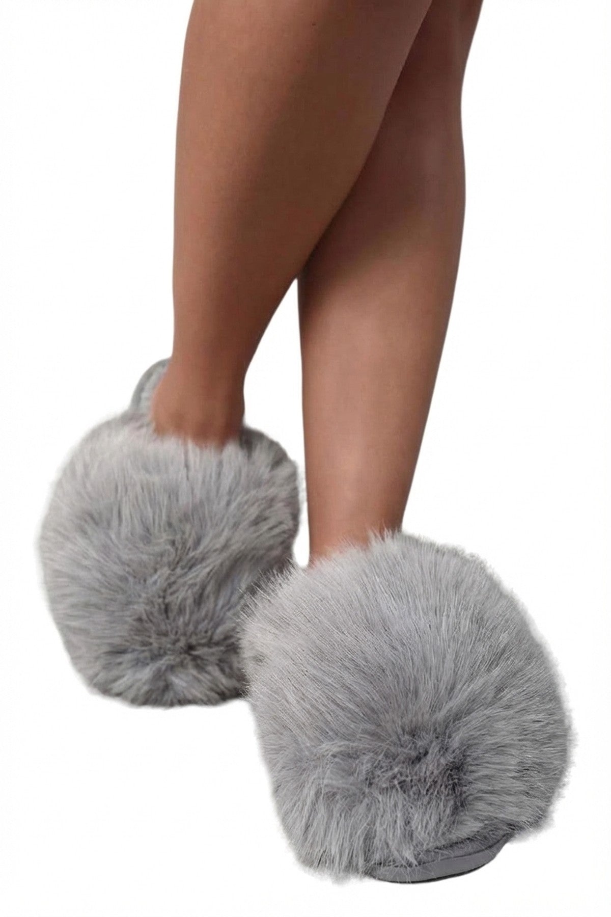 Nadia Fluffy Faux Fur Slippers - Grey