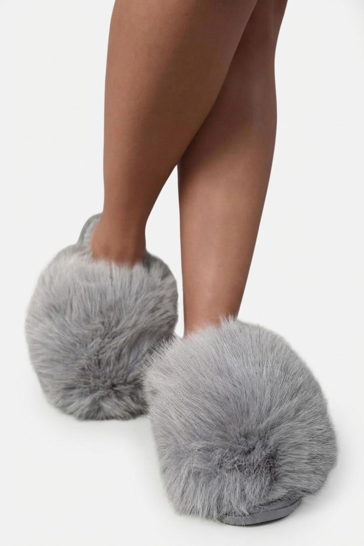 Nadia Fluffy Faux Fur Slippers - Grey