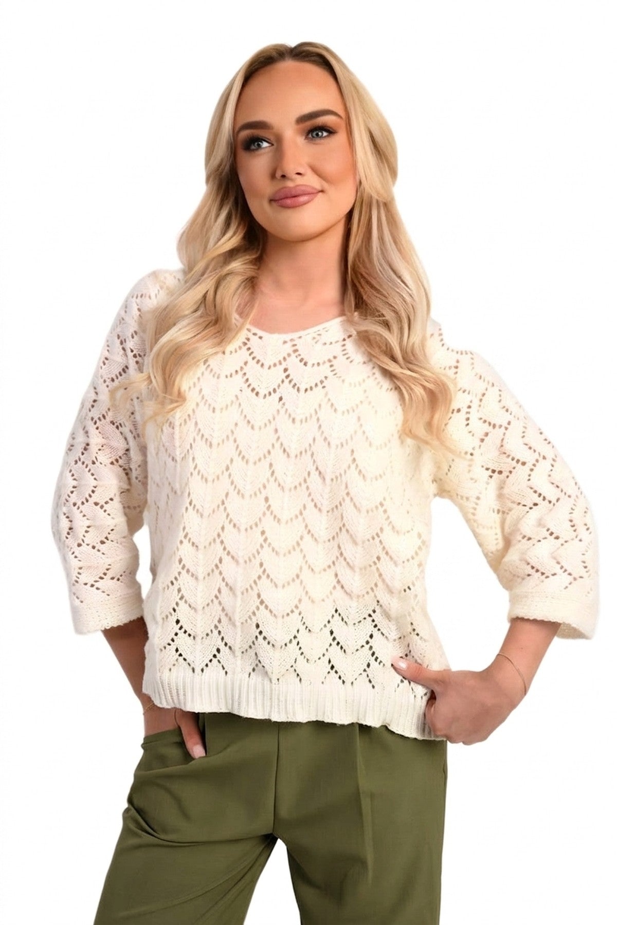 Eliza Half Sleeve Chunky Cable Knit Jumper - Cream_wb