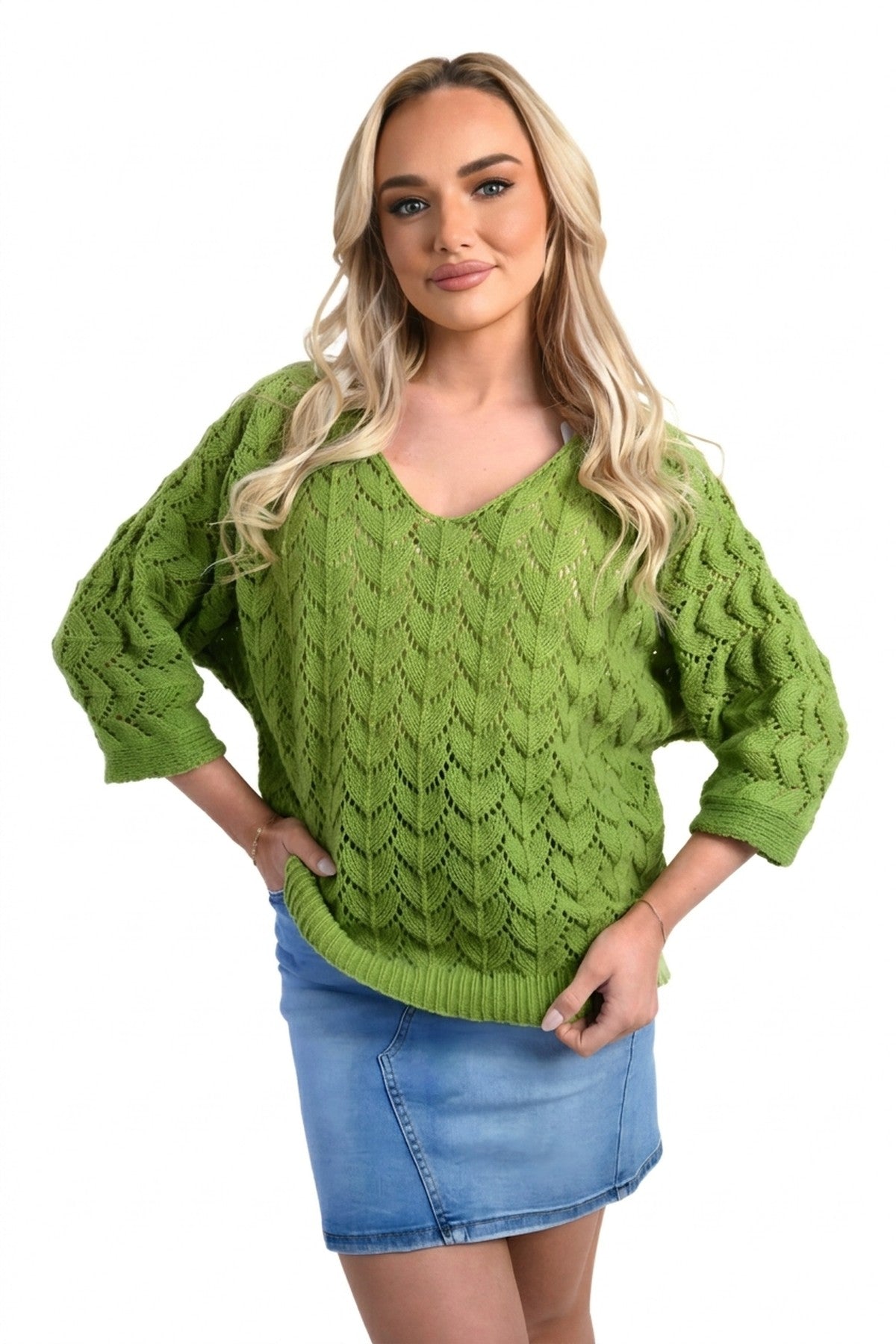 Eliza Half Sleeve Chunky Cable Knit Jumper - Green_wb