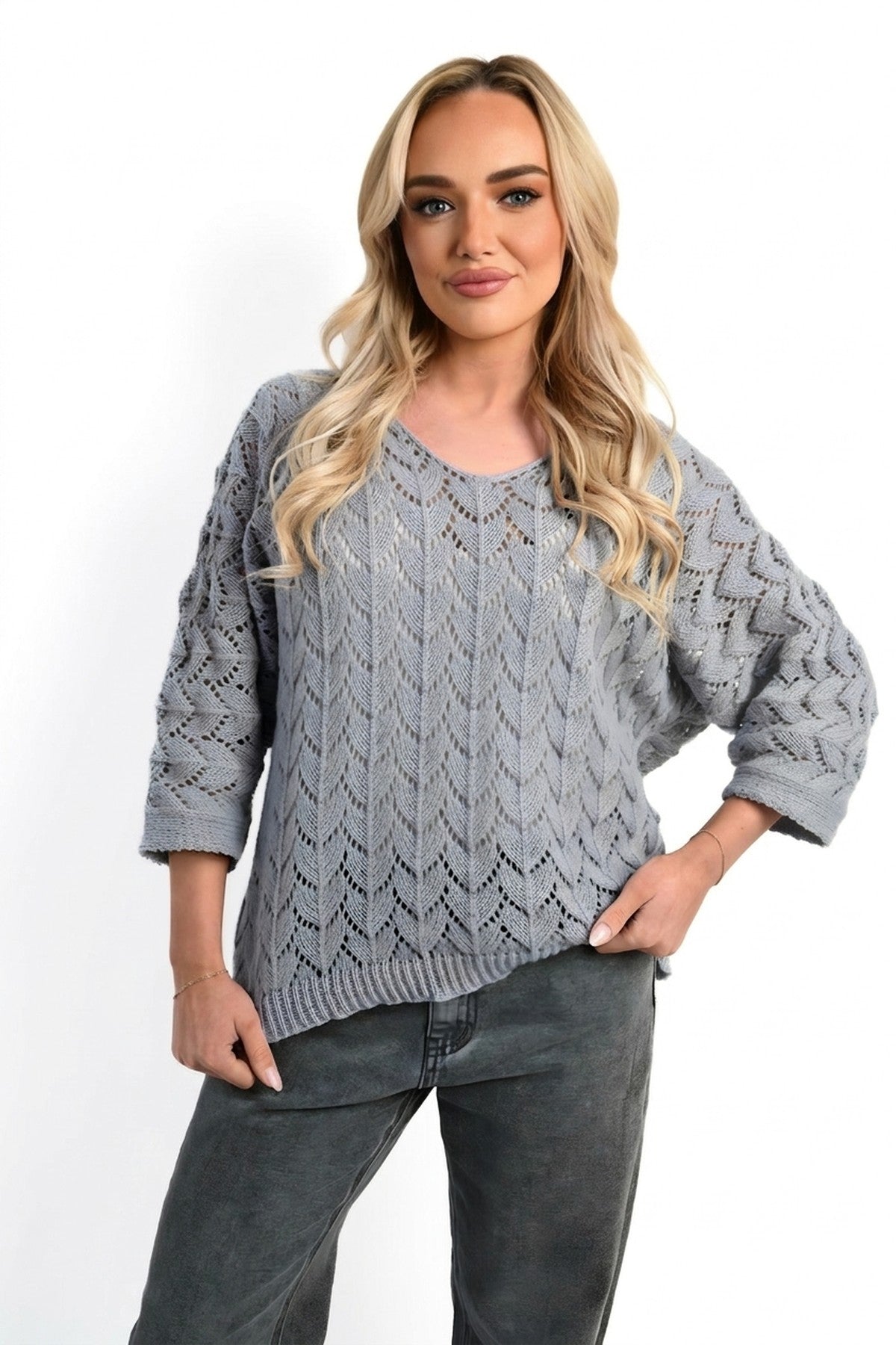 Eliza Half Sleeve Chunky Cable Knit Jumper - Grey_wb