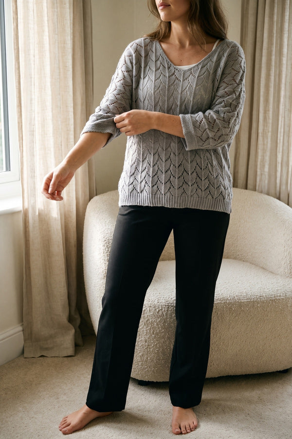 Eliza Half Sleeve Chunky Cable Knit Jumper - Grey