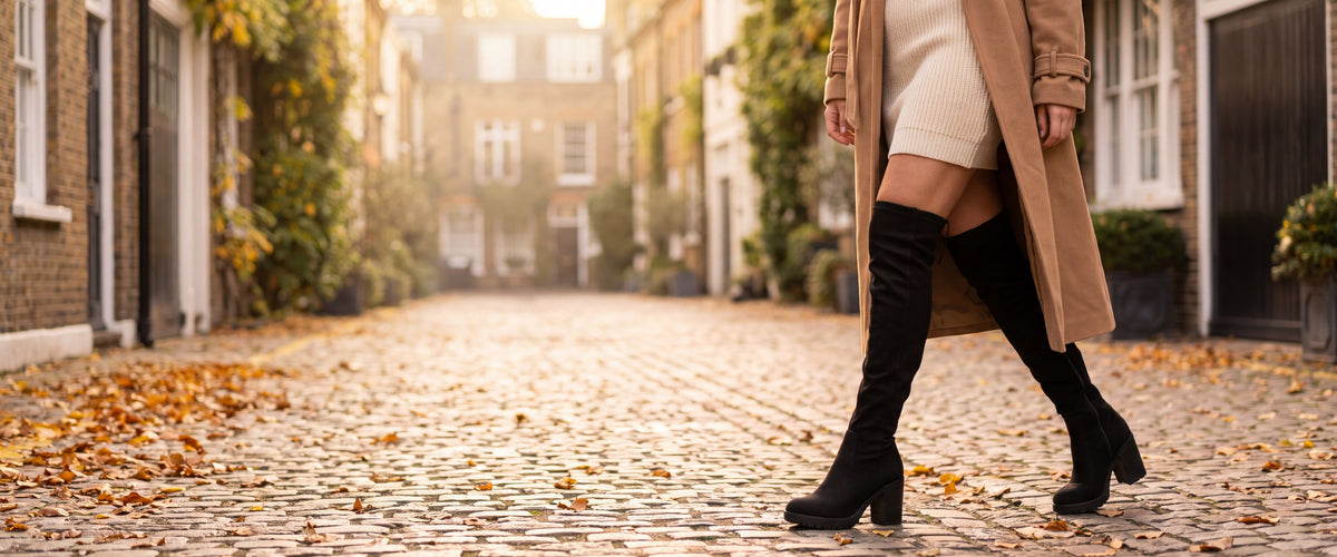 Black suede over the knee block heel boots on a cobbled autumn street