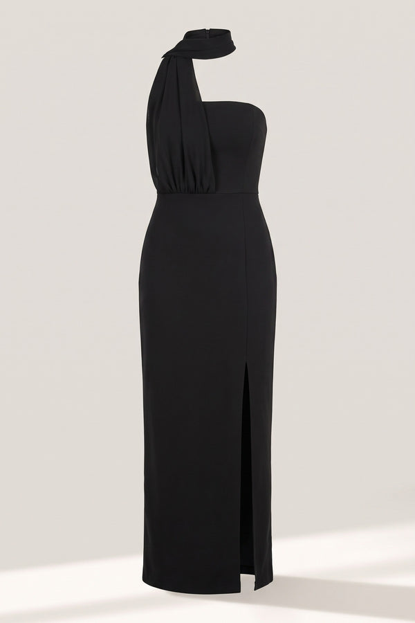 Celeste High Slit Draped Scarf Maxi Dress - Black