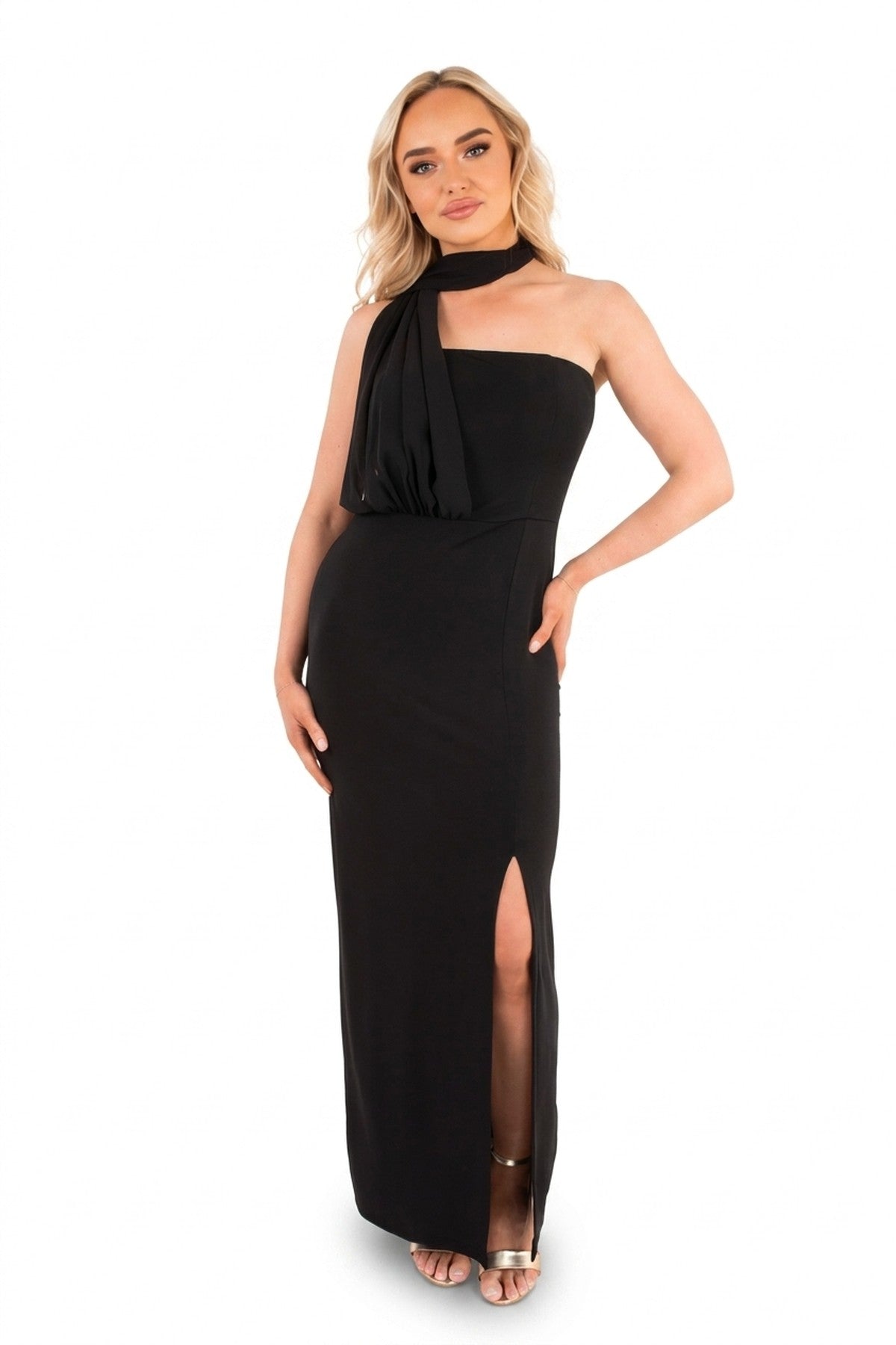 Celeste High Slit Draped Scarf Maxi Dress - Black