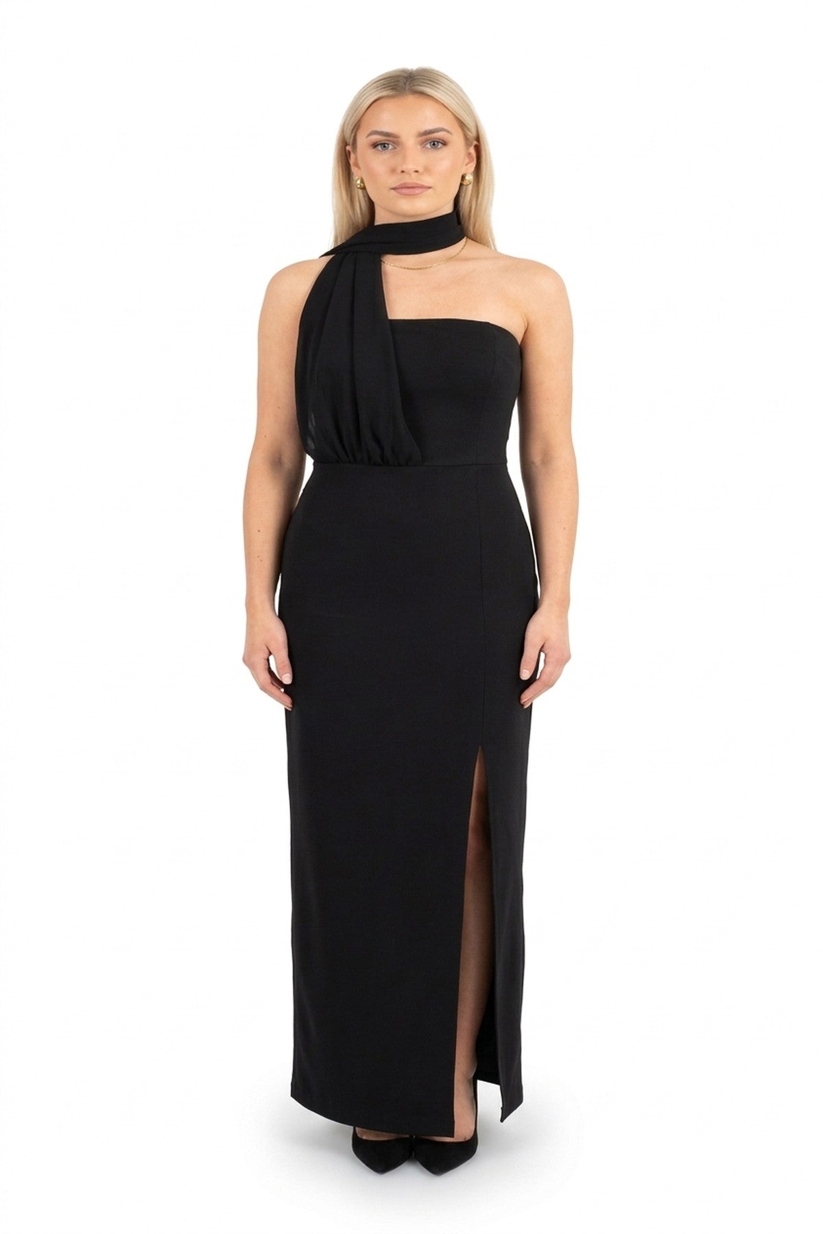 Celeste High Slit Draped Scarf Maxi Dress - Black_wb