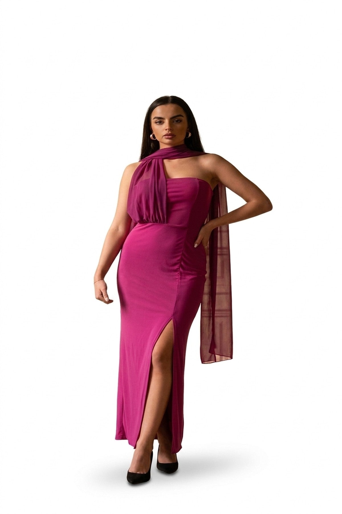 Celeste High Slit Draped Scarf Maxi Dress - Magenta_wb
