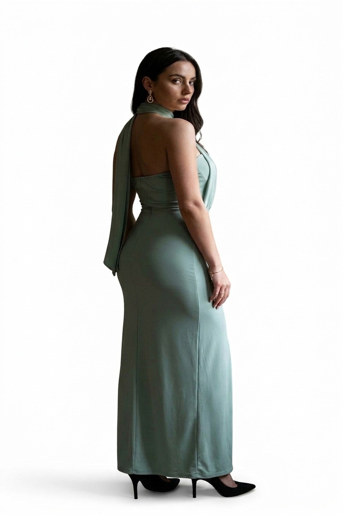 Celeste High Slit Draped Scarf Maxi Dress - Sage_wb