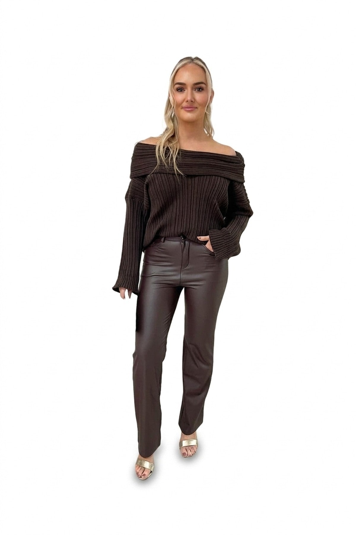 Lucia High Waisted Faux Leather Trouser - Brown_wb