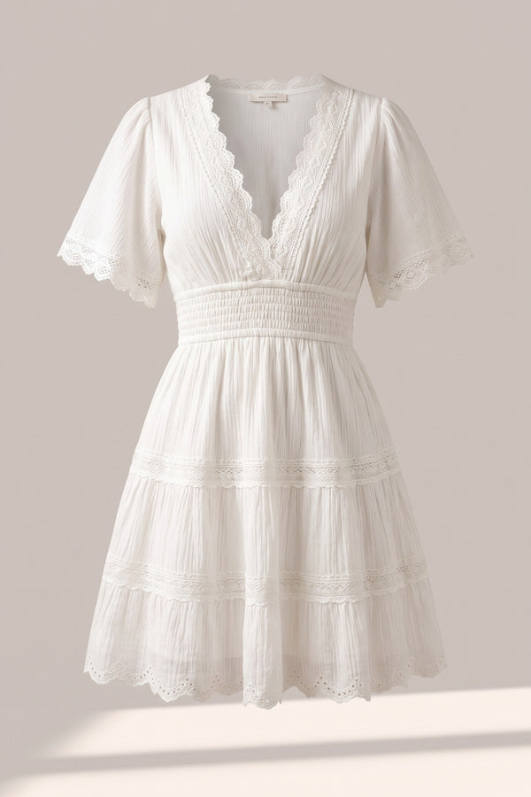 Serina Short Sleeve Deep V-neck Mini Dress With Open Back And Lace Trim - White